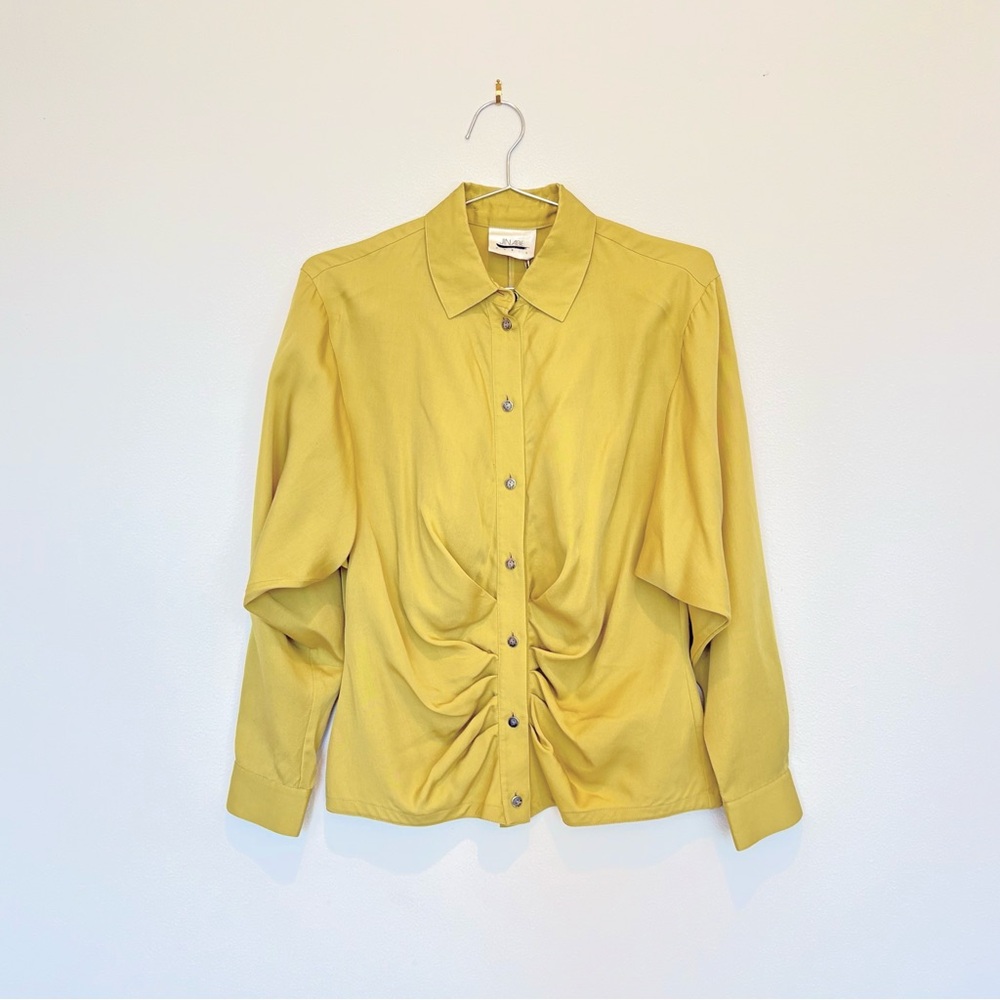 jin abe paris rouched blouse -mustard yellow button down designer shirt Japanese